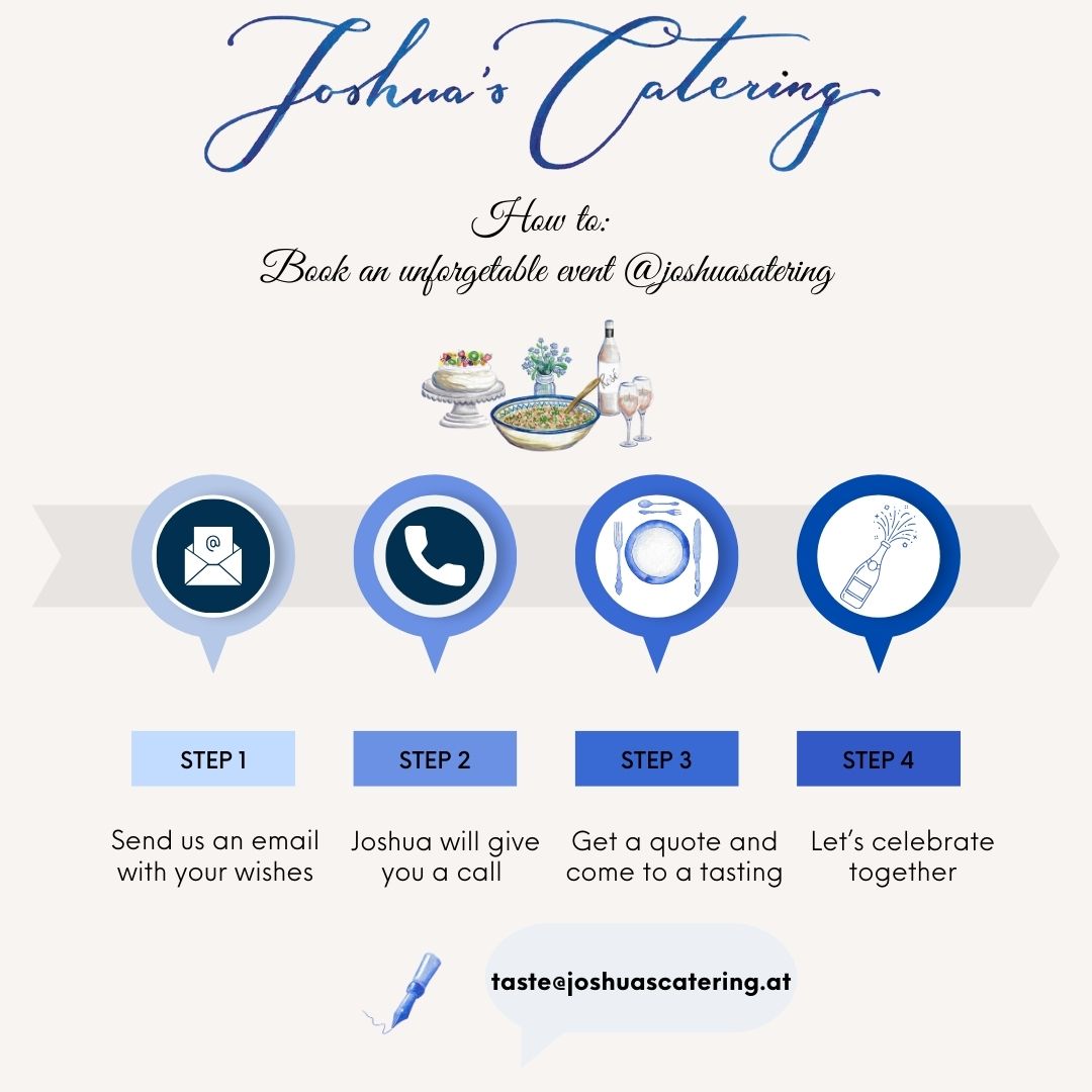 ✨ Unforgettable events start with exceptional food ✨
Planning a wedding, birthday, corporate event, or private celebration? 🎉🥂
At Joshua’s Catering, we turn your special moments into unforgettable culinary experiences.
From your first inquiry 💌
to a personal call 📞
to an exclusive tasting 🍽️
—we guide you every step of the way.
Fresh. Seasonal. Crafted with love and attention to detail. 💙
Let’s create something beautiful together! ✨🥂
📩 Get in touch: taste@joshuascatering.at